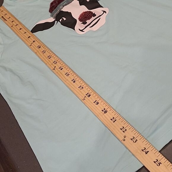 Lands End sz L sequined Santa Cow on light blue longsleeved T - Picture 4 of 8